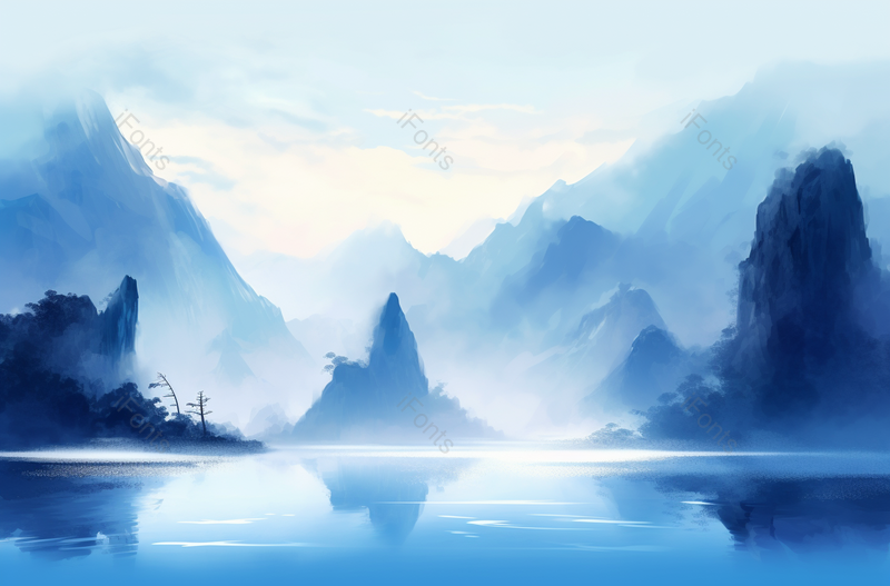 中式蓝色水墨山水画,插画/手绘图,插画/手绘图库,插画/手绘图下载,插画/手绘